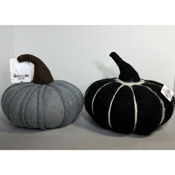 Boiled Wool Pumpkins Tabletop Decor 9” & 8” JCP Fall Black Gray - Picture 1 of 7